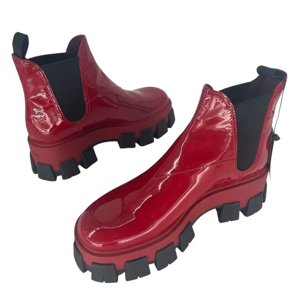 Prada Patent Leather Monolith Booties in Rosso Red - Picture 7 of 16